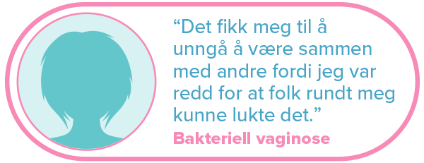 "Det fikk meg til å unngå å være sammen med andre fordi jeg var redd for at folk rundt meg kunne lukte det." Bakteriell vaginose.